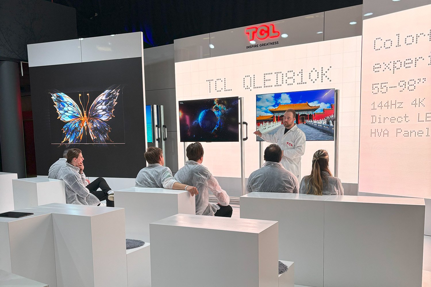 Celebrated trade show booth with movable TVs