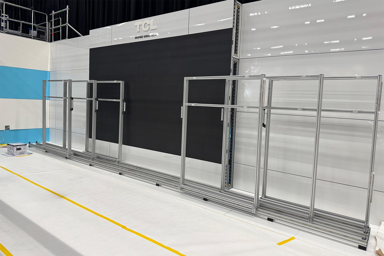 Celebrated trade show booth with movable TVs